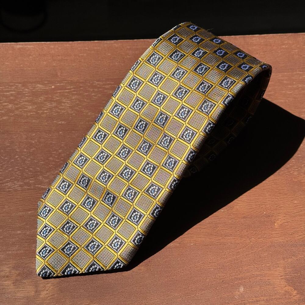 NWT JZ Richards Boulder 100% Silk Geometric Tie Gold Blue Gray Made in USA 59”